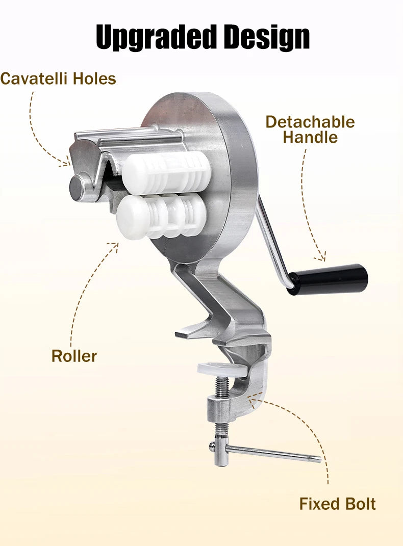 A silver cavatelli maker machine showing its components including holes, a roller, a detachable handle, and a fixed bolt.
