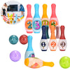 A colorful animal bowling set with numbers 1, 2, and 3 for toddlers, featuring various plastic bowling pins and balls.