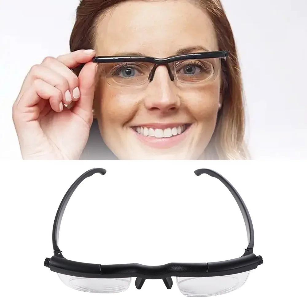 A pair of black adjustable focus reading and distance glasses shown on a woman's face and separately.