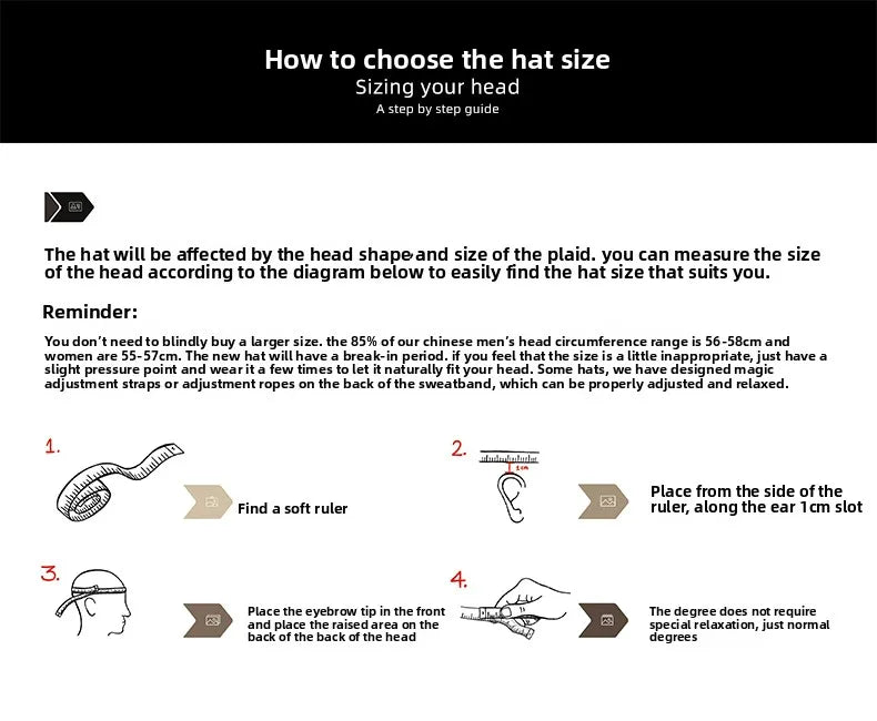 A step-by-step guide showing how to choose the correct hat size by measuring the head and using a ruler.