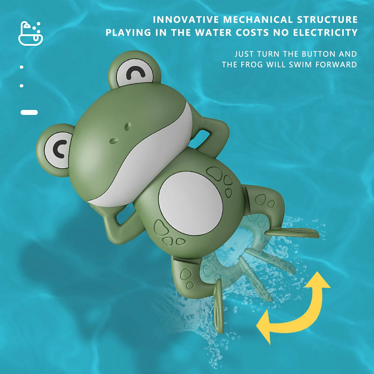 A green wind-up frog toy is shown swimming in blue water, demonstrating an innovative mechanical structure.