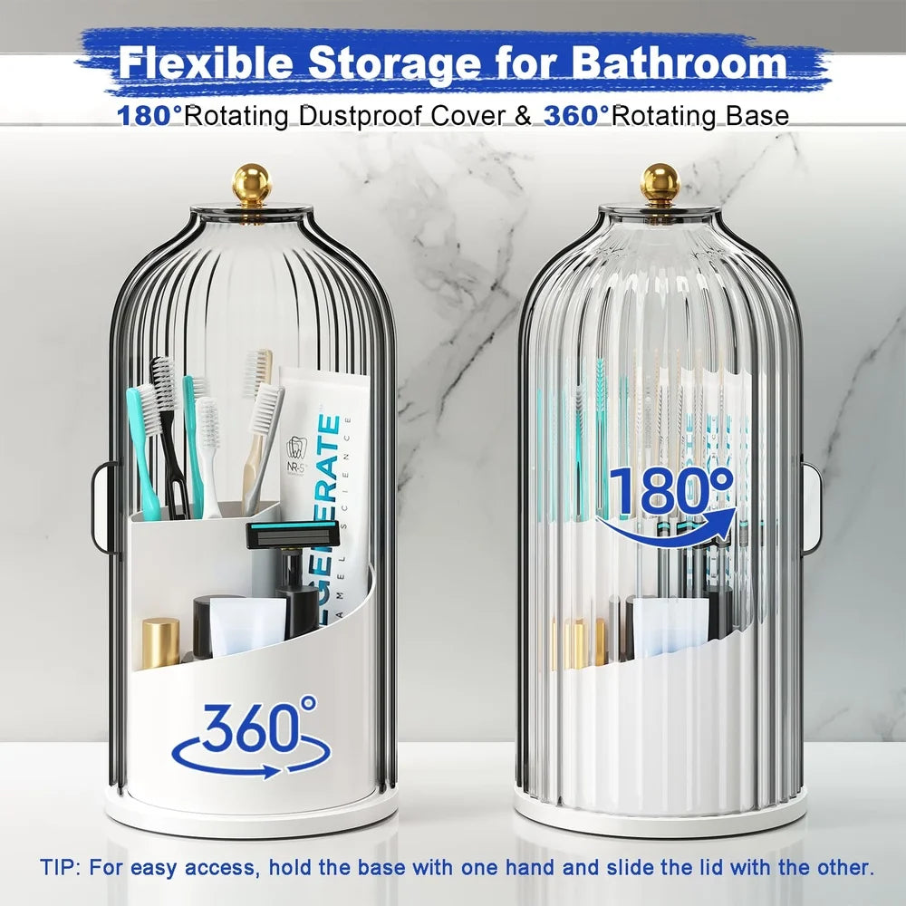 A clear glass rotating toothbrush holder with a dome cover and a 360-degree rotating base.