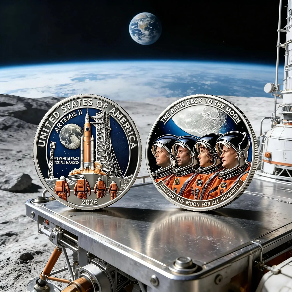 A commemorative space coin featuring the United States of America and Artemis mission details set against a backdrop of Earth