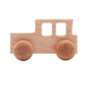 A light wood hand-pushed cart toy for toddlers with four rectangular openings and two round wheels.