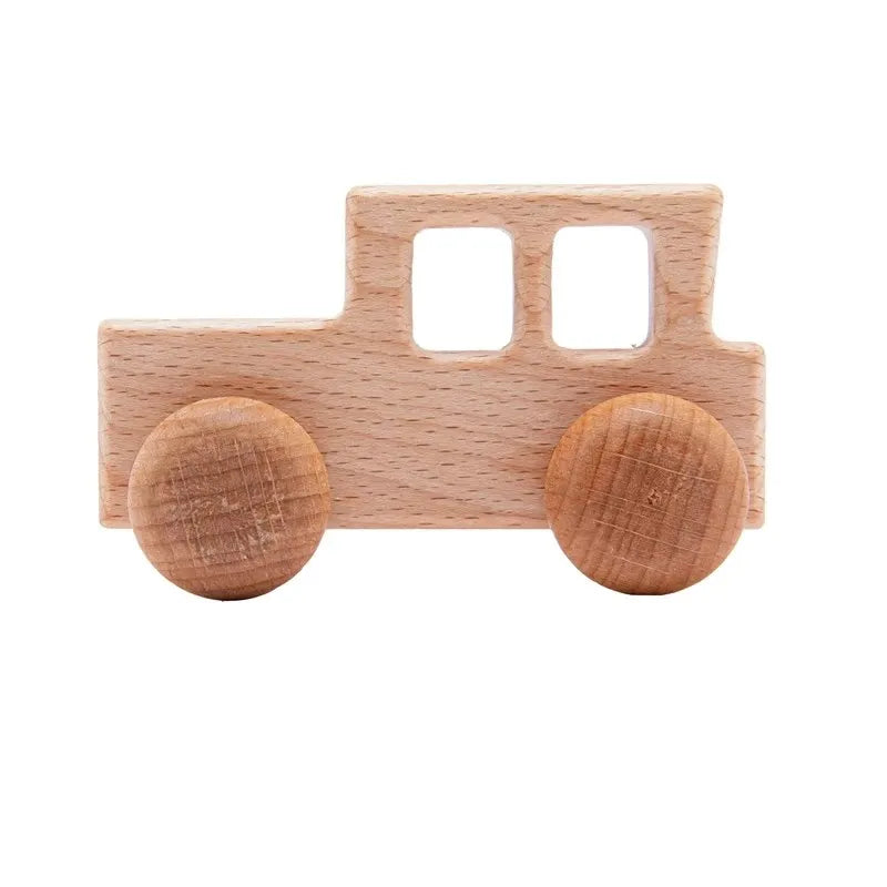 A light wood hand-pushed cart toy for toddlers with four rectangular openings and two round wheels.