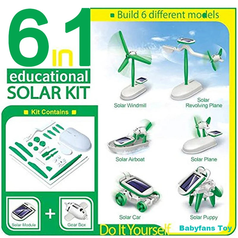 A box showing a 6-in-1 educational solar kit with six different models including a windmill, revolving plane, and car.