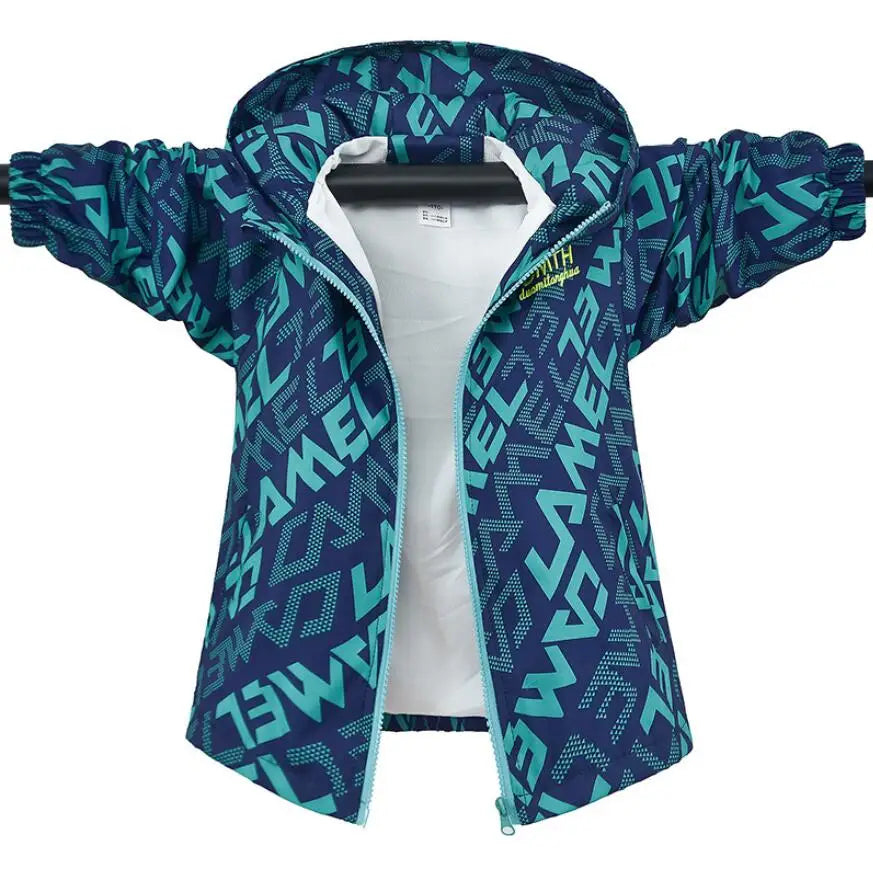 A navy blue and teal patterned kids winter waterproof hooded jacket.