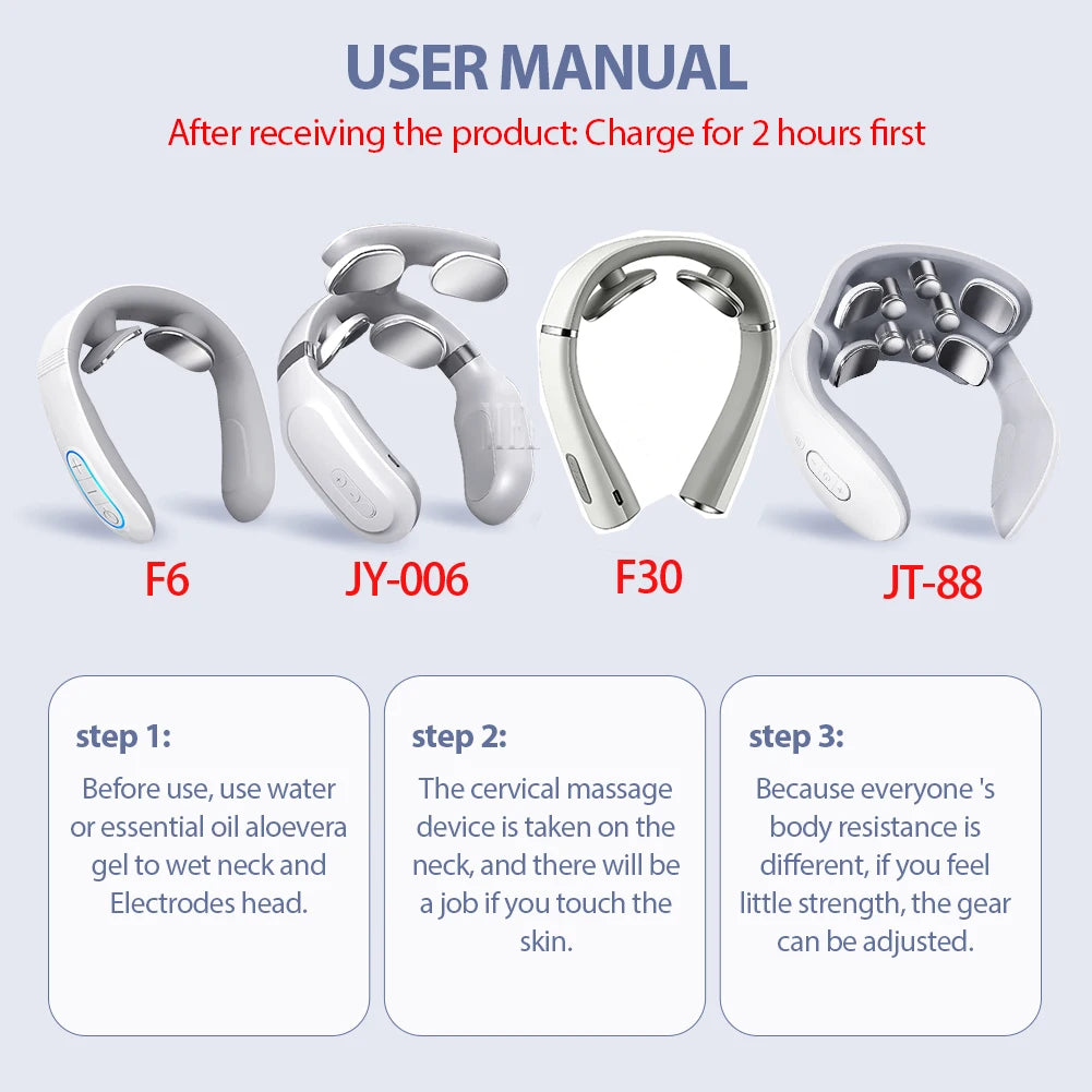 A user manual showing four versions of a TENS Pulse Neck & Shoulder Massager with Heat: F6, JY-006, F30, and JT-88.