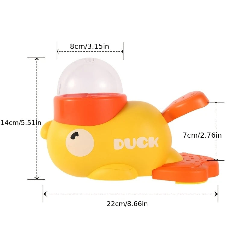 Juguete para perro en forma de pato amarillo, con tapa y base naranjas, diseñado para dispensar premios.