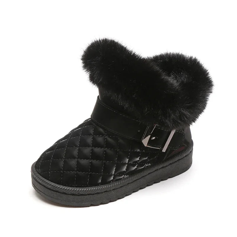 Black winter snow boots with a black quilted upper and a fluffy black faux fur trim.