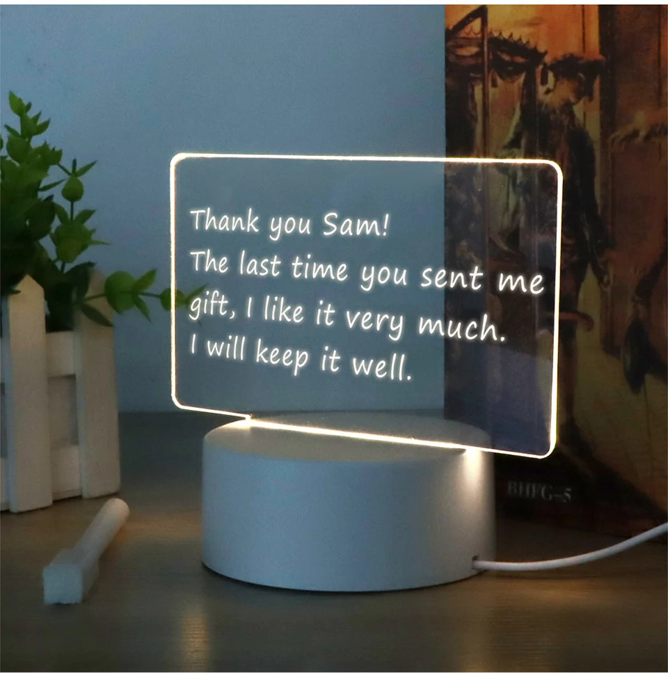 A glowing acrylic message board lamp displaying the text Thank you Sam The last time you sent me gift I like it very much I w