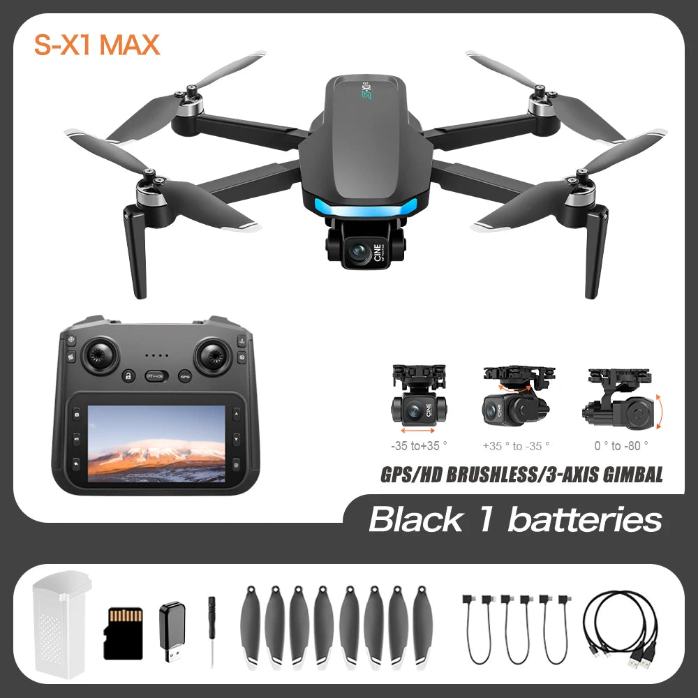 A black S-X1 MAX GPS drone with a gimbal and display remote, shown alongside accessories.