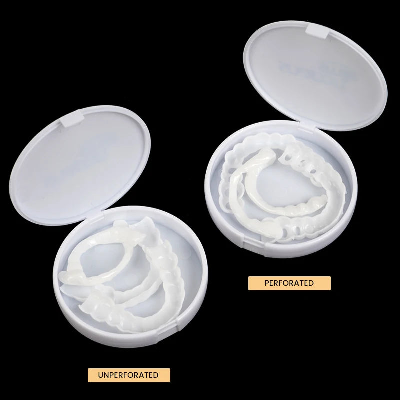 A kit containing white cosmetic denture teeth, including both perforated and unperforated options.