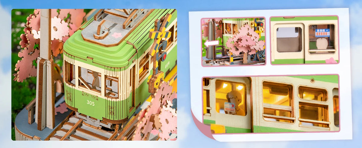 Tredimensjonal modell av Sakura Journey-trikken, vist i sammensatt og demontert tilstand.