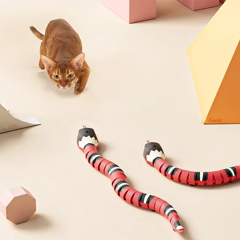 An orange tabby cat is looking at an interactive electric snake toy with a motion sensor on a light beige surface.