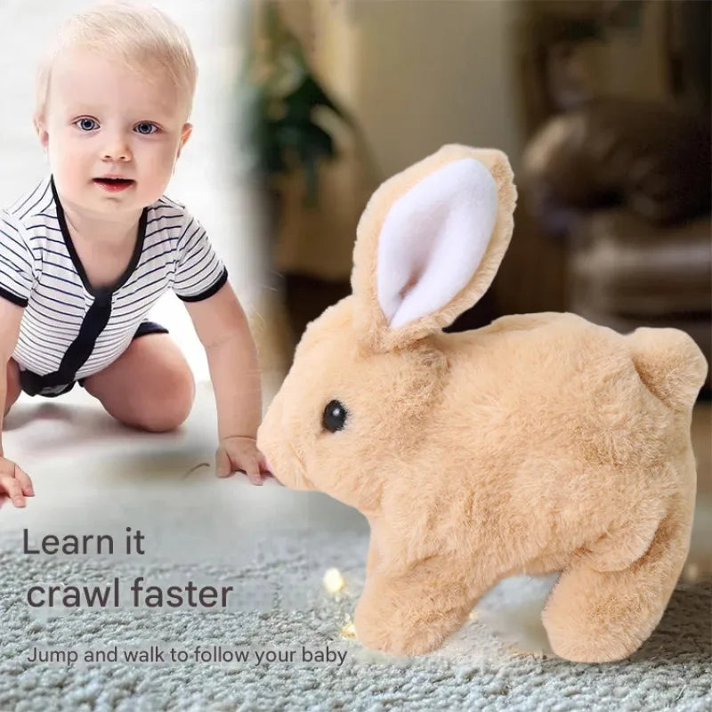 A soft, tan bunny plush toy is shown next to a baby, demonstrating an interactive walking toy for crawling practice.