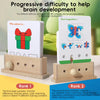 A wooden logic puzzle game showing two levels of difficulty with matching and brain development content