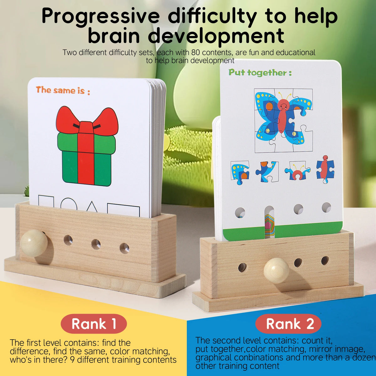 A wooden logic puzzle game showing two levels of difficulty with matching and brain development content