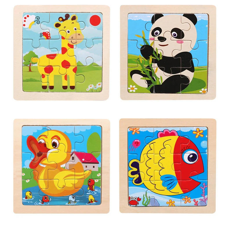 A set of four wooden jigsaw puzzles featuring a giraffe, a panda, a yellow duck, and a yellow fish.