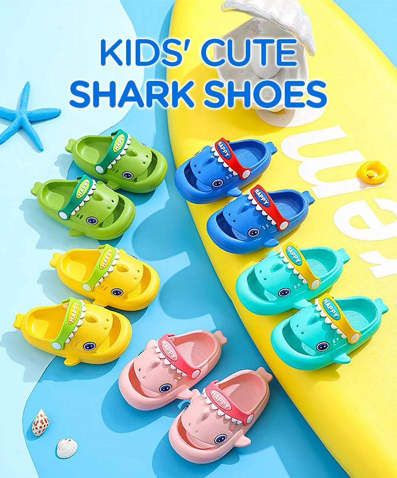 A collection of colorful kids shark clog sandals in green, blue, and yellow on a bright background.