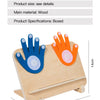 A wooden finger counting toy showing five fingers and three fingers, with measurements for 13cm and 22cm.