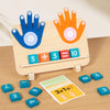 A wooden finger counting number learning toy showing hands with fingers and numbers, along with wooden blocks and cards.