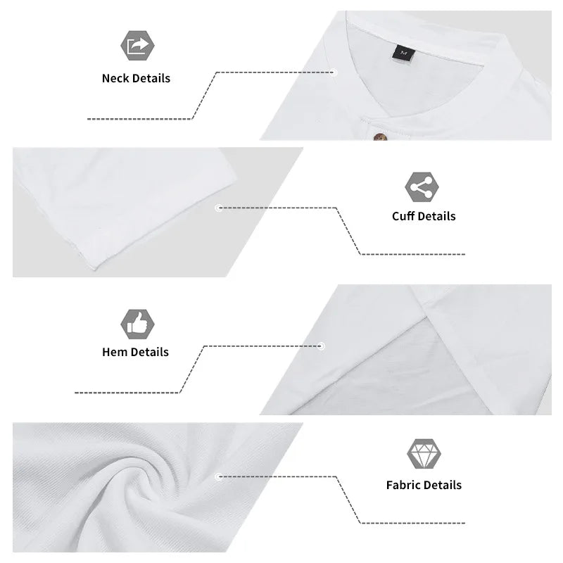 Detailed view of a white men's casual long-sleeve shirt showing neck, cuff, hem, and fabric details.