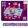 A DIY electronic circuit building blocks kit showing various components and completed circuits on a white board.