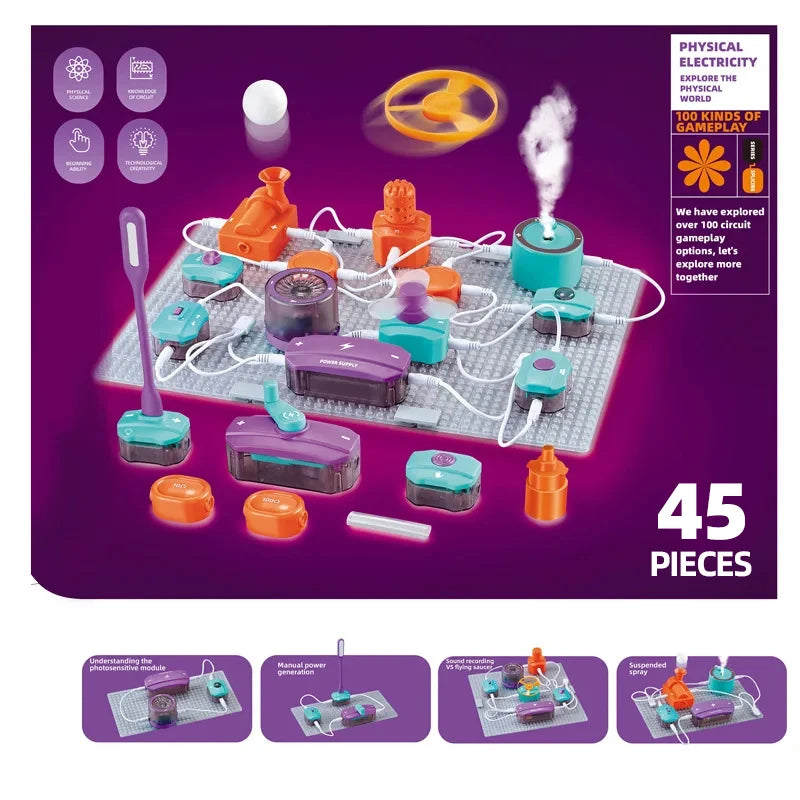 A DIY electronic circuit building blocks kit showing various components and completed circuits on a white board.