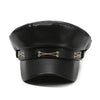 Black PU leather beret hat with a gold-toned band and decorative metal accents.