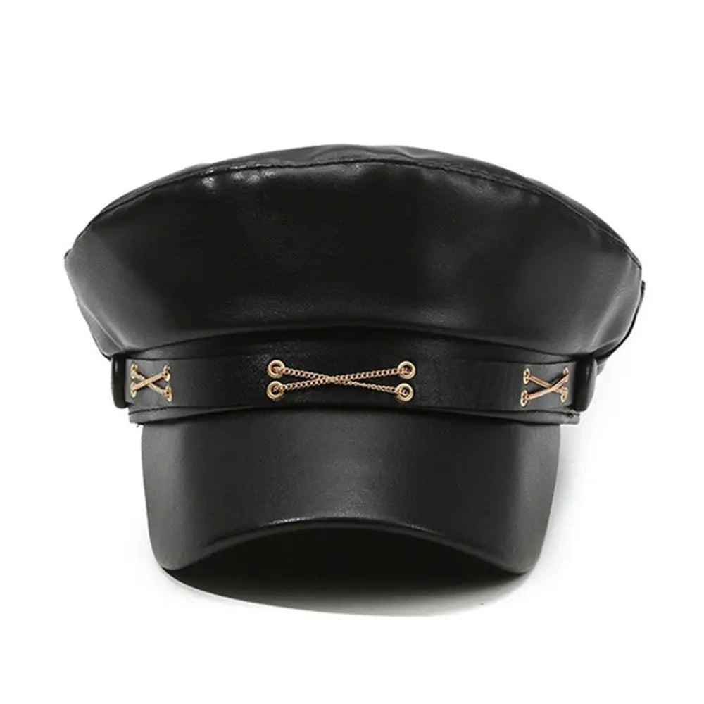 Black PU leather beret hat with a gold-toned band and decorative metal accents.