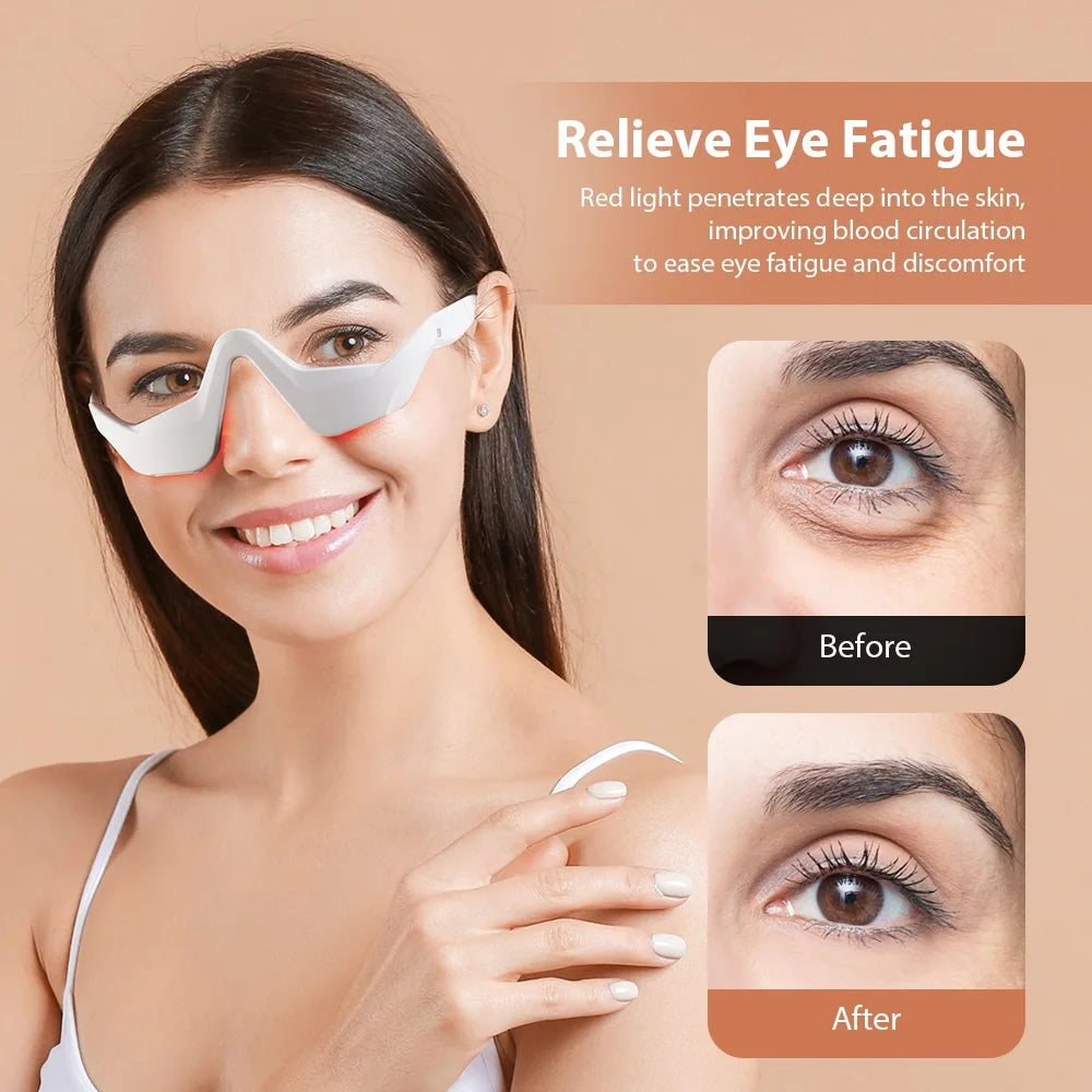 A woman is shown using a white 3D eye massager with EMS and red light therapy to relieve eye fatigue.