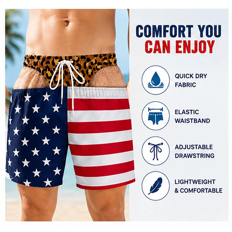 Men's quick-dry swim trunks featuring a patriotic American flag print and elastic waistband.