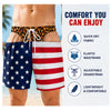 Men's quick-dry swim trunks featuring a patriotic American flag print and elastic waistband.