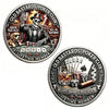 A commemorative coin featuring a skull and a poker player surrounded by casino elements.