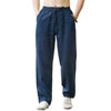 Men's cotton linen casual jogger pants in dark blue fabric shown full length