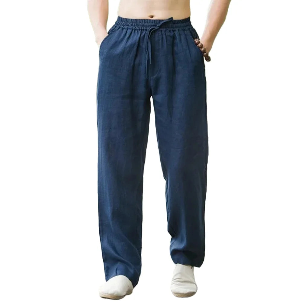 Men's cotton linen casual jogger pants in dark blue fabric shown full length