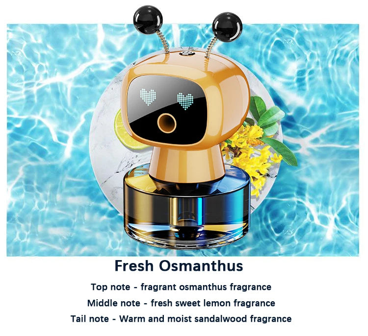 A smart car aroma diffuser shaped like a stylized face with black ears, sitting on a glass bottle of fragrance.