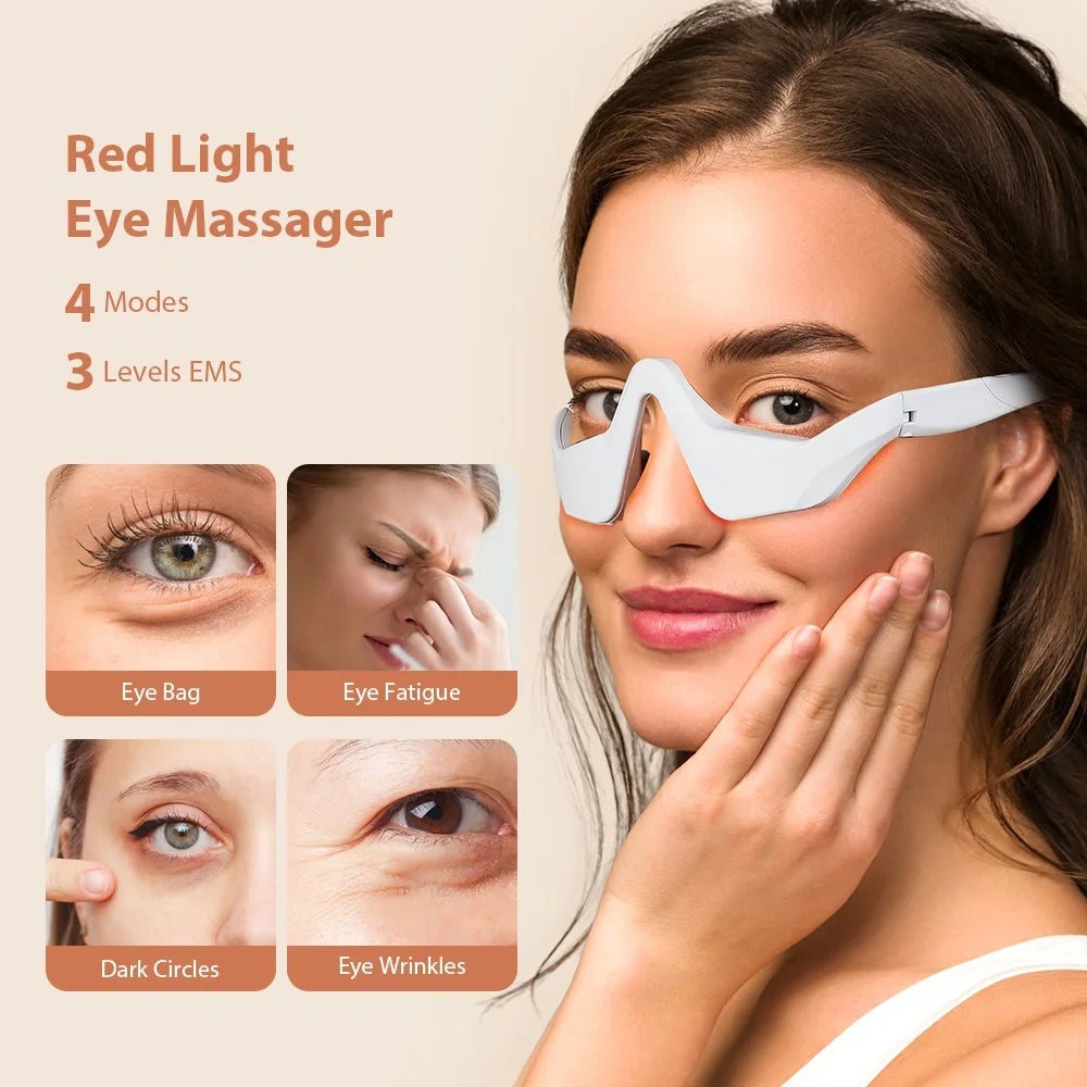 A woman is using a white red light eye massager device on her eye area.