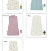 A collection of five baby sleeping sacks featuring different patterns and colors including Dachshund, Green Grove, Purple Gro