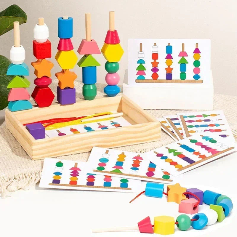 A set of wooden shapes and colors for sorting, including various stacked and individual pieces.