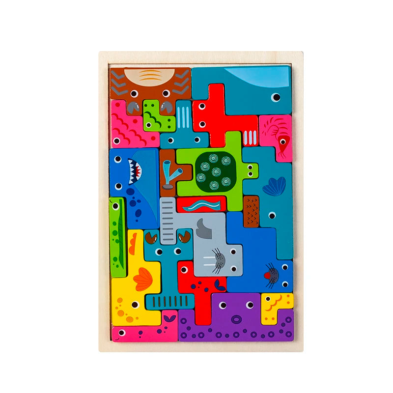 A colorful wooden puzzle set featuring various animal shapes and colors.