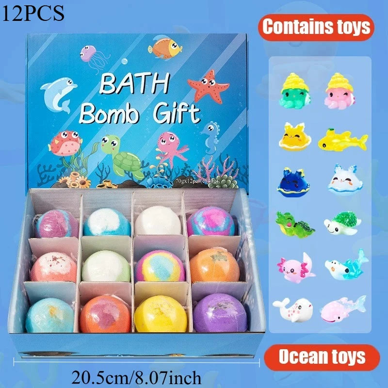 A box containing 12 pieces of ocean-themed bath bombs and toys for kids