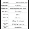 Specifications list showing details like product version, color, size, battery capacity, flight altitude, and function of a d