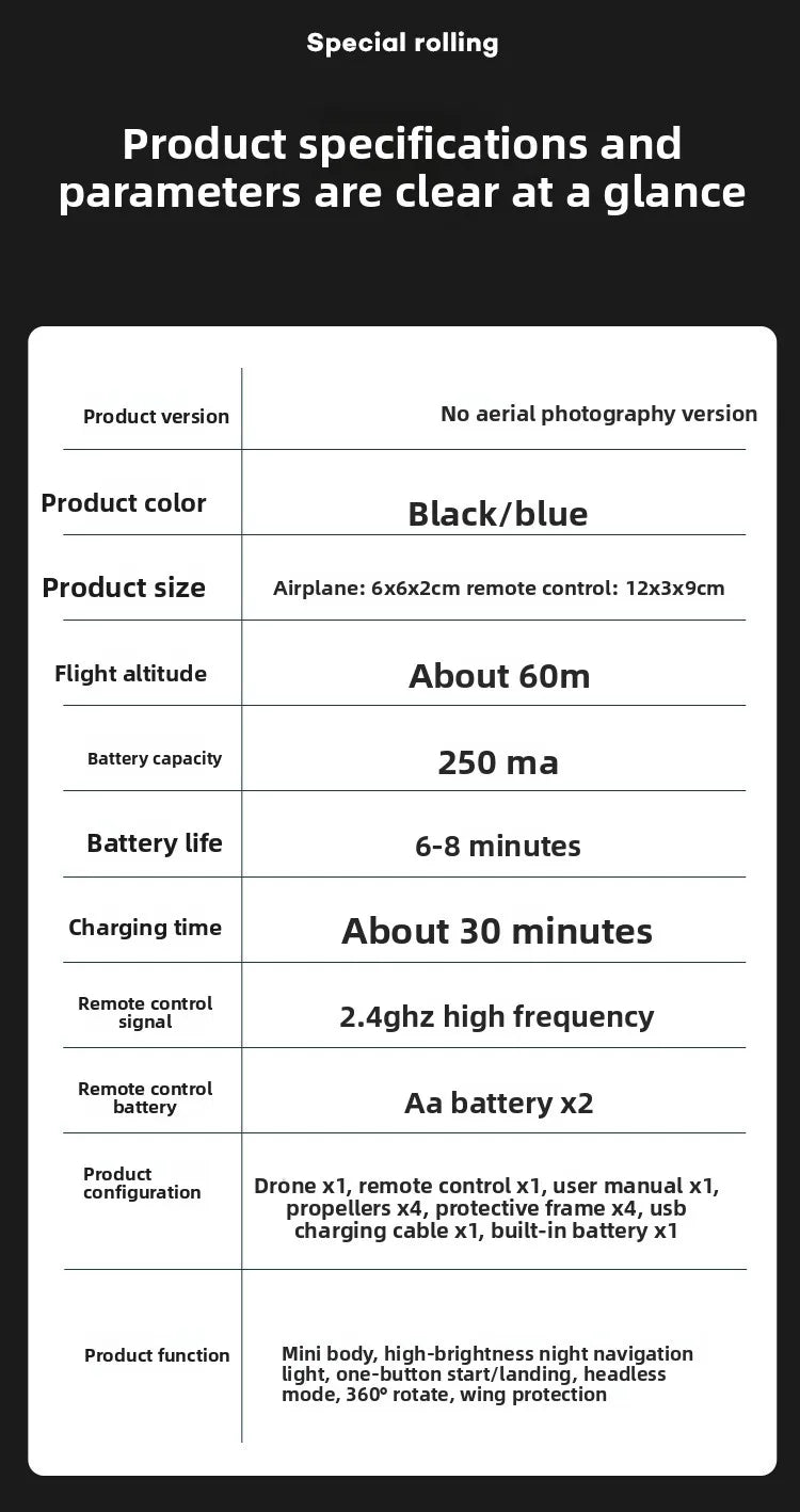 Specifications list showing details like product version, color, size, battery capacity, flight altitude, and function of a d