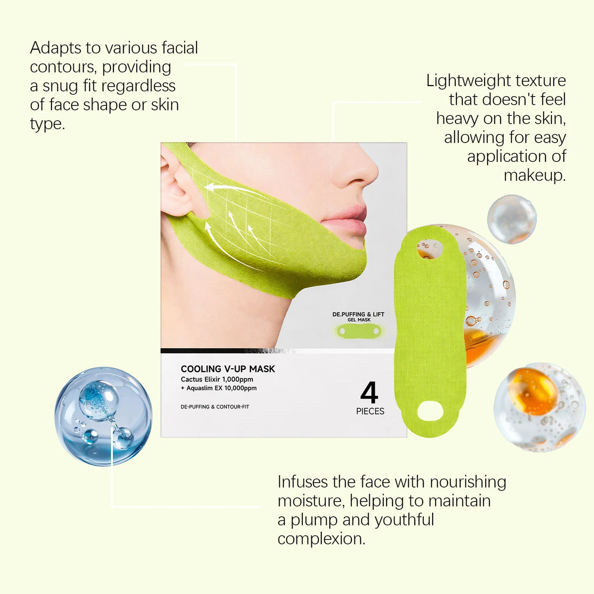 En grön kylande V-up-mask appliceras på ett ansikte, med ingredienser och bruksanvisning.