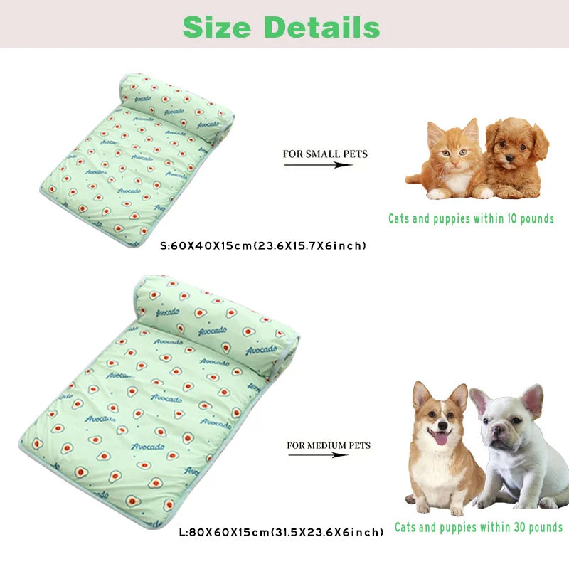 Light green ice silk pet cooling mat with a non-slip waterproof base for small and medium pets