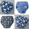 A pack of reusable cotton potty training pants for toddlers in various blue and patterned designs.