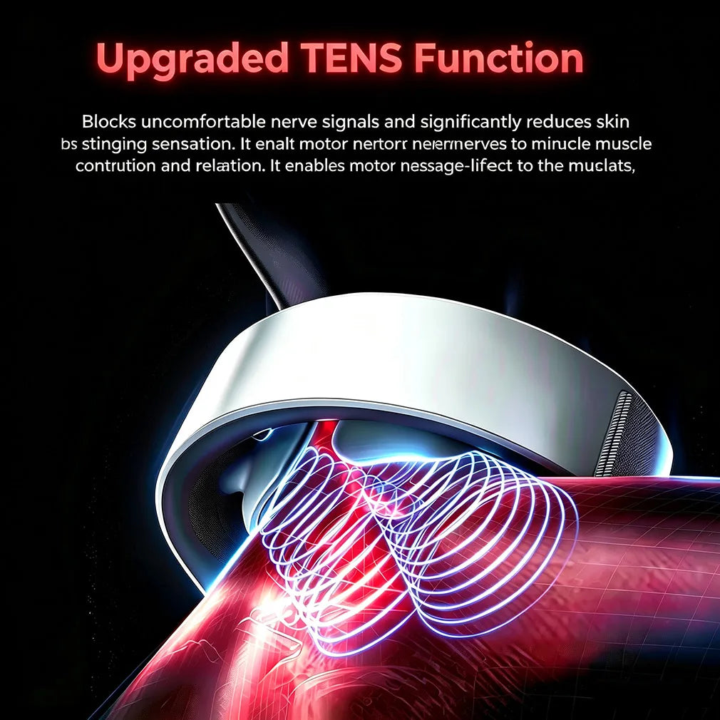 Close-up of a TENS pulse massager device applying electrical stimulation to the neck and shoulder area.