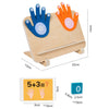 Wooden finger counting toy showing five and three fingers on a wooden block with number cards.
